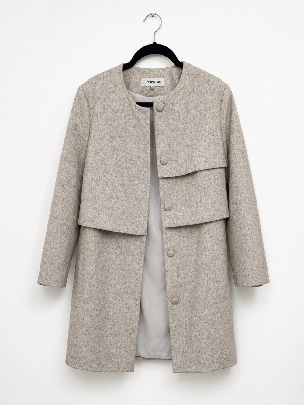 J. Peterman Neutral gray Layered Wool Coat woman size 8 NWT peacoat career lined